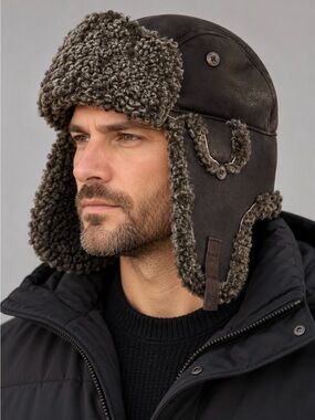 Crown Cap Signature Genuine Shearling Aviator Trapper Hat Brown .L New with tag